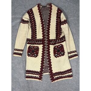 MAXSPORT Cream Burgundy Geometric Knit Long Cardigan Sweater Women's M